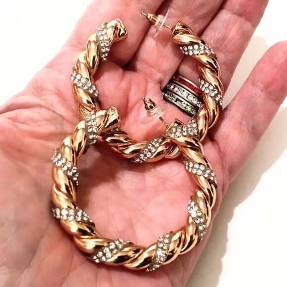 Gold Tone and Rhinestone Twisted Rope Hoop Earrings - Picture 5 of 6
